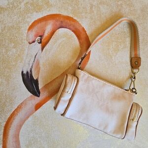 Vintage Michael Kors MK Hand Bag Small Purse Zipper Logo Print Cream Leather